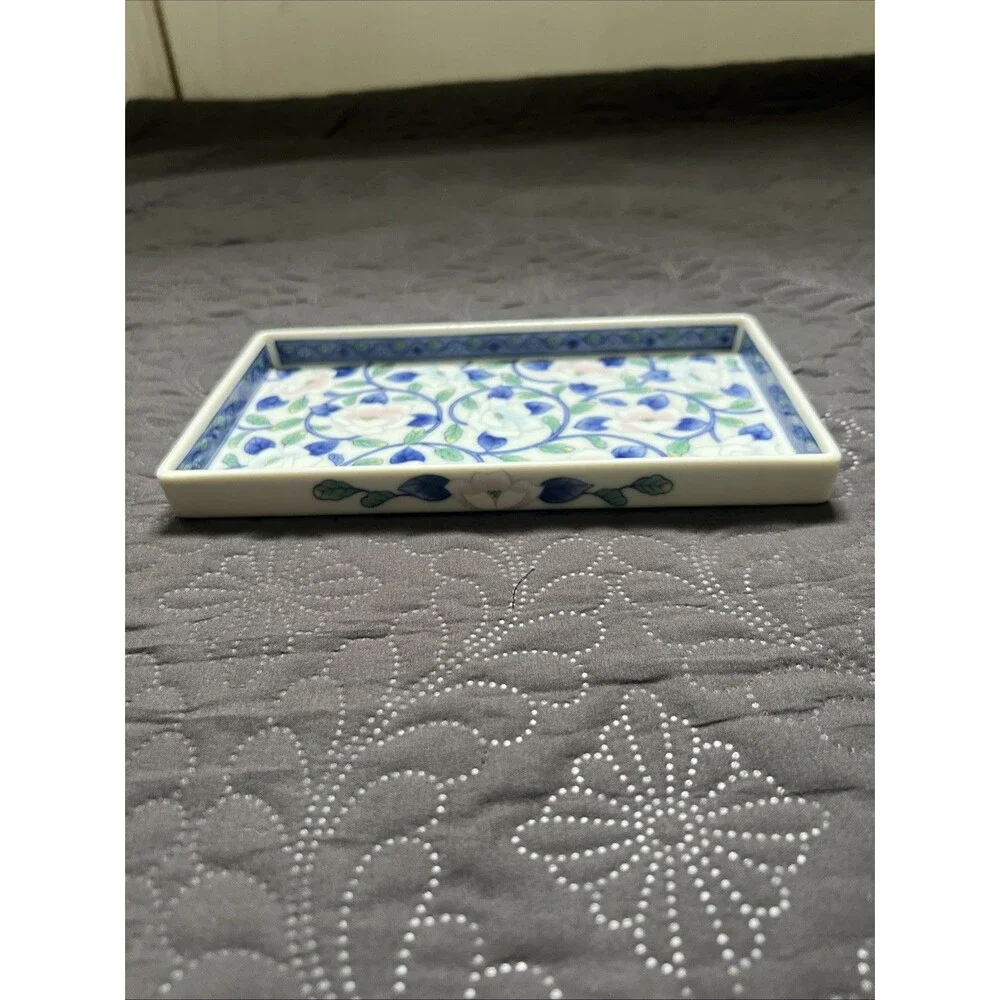 VTG Japanese Porcelain Rectangular Tray Lotus Floral Pink Blue Design Trinket